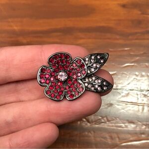 Givenchy Flower Brooch Pave Crystal Pin Signed Pink Red Gunmetal